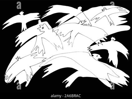 Vögel Flug: Stilvolle handgefertigte Muster mit dunklem Hintergrund. Stock Vektor