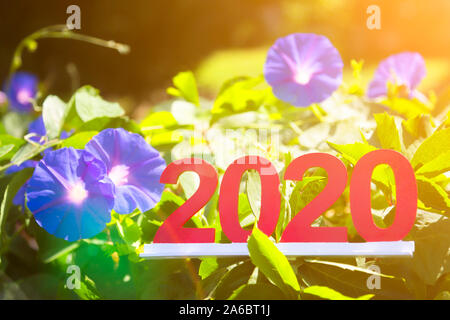 Symbolik 2020 Figuren aus Kunststoff unter hellen blauen Farben. Stockfoto