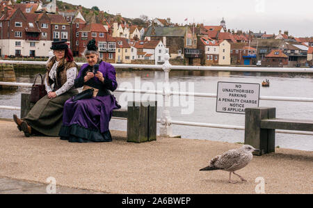 Zwei Frauen in traditionellen Goth Kostüme machen Fotos von Seagull, Whitby Goth Wochenende Festival, Whitby, North Yorkshire, UK, 25. Oktober 2019 Stockfoto