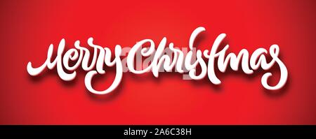 Frohe Weihnachten kalligrafischen handgezeichneten Schriftzug mit Band auf rotem Hintergrund Stock Vektor
