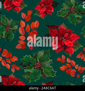 Weihnachtsstern und Stechpalme mit Beeren nahtlose Muster, Aquarell Blume Stockfoto