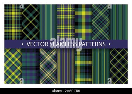 Set karierte Muster Nahtlose. Tartan Muster Stoff Textur. Checkered geometrischer Vektor Hintergrund. Schottische streifen Decke Kulisse. Mode Tuch col Stock Vektor