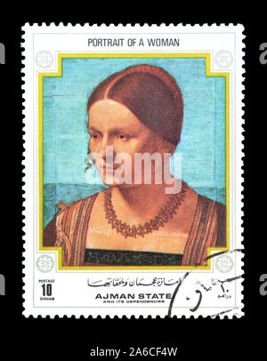 Storniert Briefmarke von Ajman Status gedruckt, das zeigt Malerei Porträt einer Frau, ca. 1971. Stockfoto