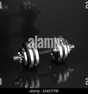 Hanteln mit schwarzem Hintergrund, fitness Thema, 3d rendeirng. Computer digitale Zeichnung. Stockfoto