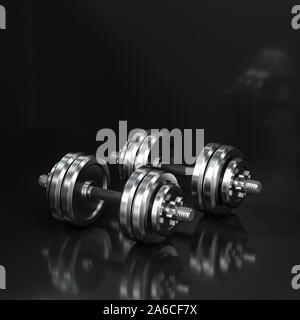 Hanteln mit schwarzem Hintergrund, fitness Thema, 3d rendeirng. Computer digitale Zeichnung. Stockfoto