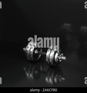 Hanteln mit schwarzem Hintergrund, fitness Thema, 3d rendeirng. Computer digitale Zeichnung. Stockfoto