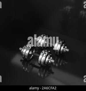 Hanteln mit schwarzem Hintergrund, fitness Thema, 3d rendeirng. Computer digitale Zeichnung. Stockfoto