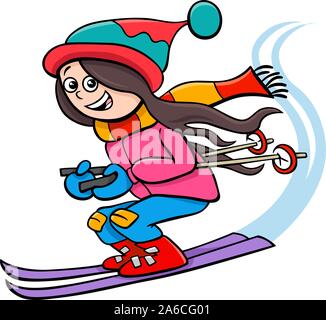 Cartoon Illustrationen von Kid oder jugendlich Mädchen Zeichen auf Ski auf Winterzeit Stock Vektor