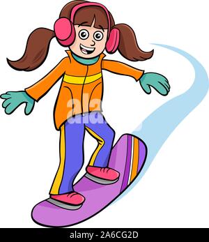 Cartoon Illustrationen von Snowboard Kid oder jugendlich Mädchen Zeichen auf Winterzeit Stock Vektor