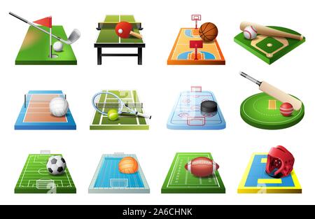 3d-Spielplätze mit Ausrüstung für verschiedene Arten von Sport isolierte Icon Set, Fussball, Tischtennis, Basketball, Baseball, Volleyball, Hockey, Wasser Stock Vektor