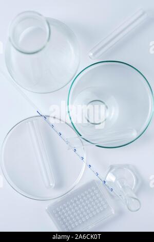 Laborglas einschließlich Reagenzgläser, Petrischale, multiwellplatte und Pipette. Stockfoto