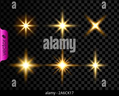 Gold glänzend glühenden Lichter Effekt, Gelb beginnt und Explosion auf transparentem Hintergrund isoliert, dekorative Elemente, Vector Illustration. Stock Vektor