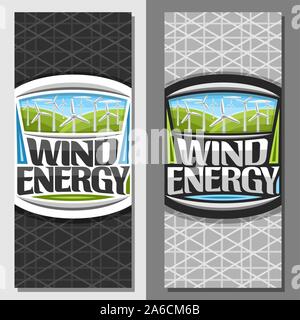 Vektor Banner für Windenergie, Design Broschüre mit vielen Windmühlen auf grünen Hügeln und blaues bewölkter Himmel, original Schriftzug für Wörter wind Energ Stock Vektor