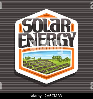 Vektor logo für Solarenergie, Weiße, hexagonale Tag mit vielen Fotovoltaikanlagen auf grünen Hügel mit Bäumen, original Schriftzug für Word solar en Stock Vektor