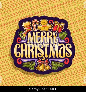 Vektor logo für Frohe Weihnachten, dunkle dekorative Zeichen mit Kindern Socke, sweet Candy Cane, niedliche Gingerbread Man, Geschenkbox, ursprünglichen Schrifttyp für Wünschen mes Stock Vektor