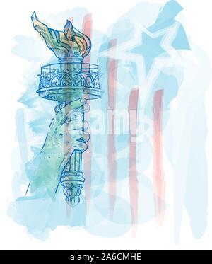 Aquarell Fackel der Freiheitsstatue auf USA-Flagge Stock Vektor