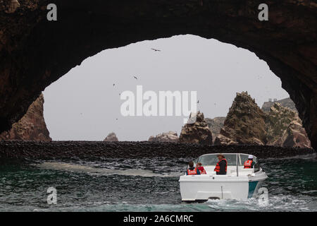 Die Menschen auf dem Boot beobachten die Vögel über den Ballestas Inseln in Peru fliegen Stockfoto