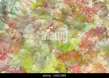Abstrakte Aquarell Hintergrund in Grün- und Rottönen. Bunte Aquarelle malen Textur. Pinselstriche. Lebendige Tinte Muster Fleck. Farbe spritzen. Stockfoto