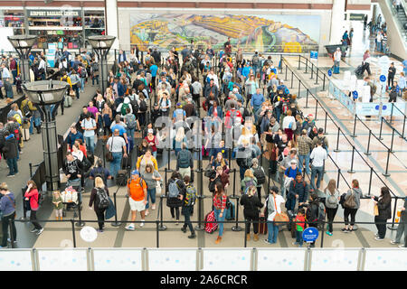 Masse der Reisenden erwarten TSA Screening am Denver International Airport. Stockfoto