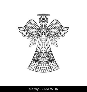 Vector Illustration von gemusterten Engel Silhouette. Weihnachten Färbung Seite Buch Stock Vektor