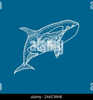 Vector Abbildung: Weiße Hand gezeichnet gemusterten Killer whale auf blauem Hintergrund. Doodle Orca. Stock Vektor