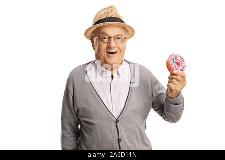 Freundliche Mitarbeiter halten eine leckere Krapfen auf weißem Hintergrund Stockfoto