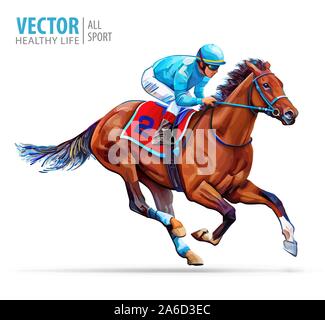 Jockey auf Racing Pferd. Sport. Champion. Das hippodrom. Rennstrecke. Pferdesport. Derby. Geschwindigkeit. Auf weissem Hintergrund. Vector Illustration Stock Vektor