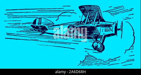 Historische Doppeldecker mit hoher Geschwindigkeit fliegen auf einem blauen Hintergrund. Editierbare Layer Stock Vektor