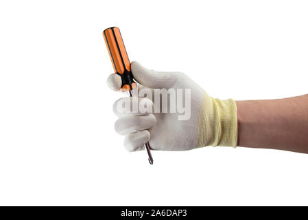 Orange Schraubendreher in die Hand im Handschuh auf weißem Hintergrund Stockfoto
