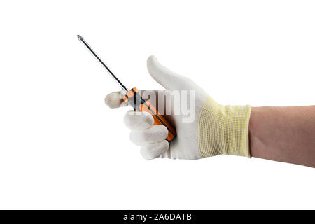 Orange Schraubendreher in die Hand im Handschuh auf weißem Hintergrund Stockfoto