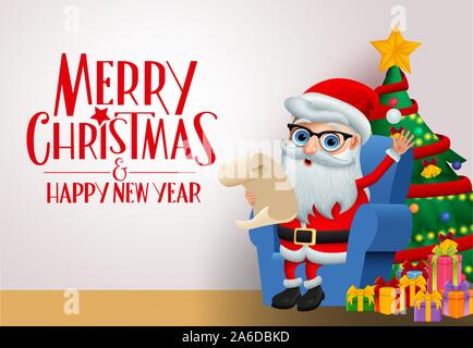 Weihnachten Grußkarten mit santa claus Charakter vector Hintergrund Vorlage. Frohe Weihnachten Gruß Text mit Weihnachtsmann im Sessel sitzen. Stock Vektor