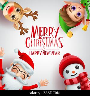 Frohe Weihnachten Gruß vector Hintergrund Vorlage. Frohe Weihnachten und guten Rutsch ins neue Jahr Text mit Weihnachtsmann, Rentier, elf und Schneemann. Stock Vektor