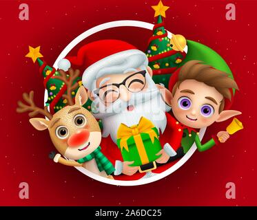 Weihnachtszeit Zeichen vector Hintergrund Design. Weihnachten Zeichen der niedliche Weihnachtsmann, Rentier und elf mit Geschenk. Stock Vektor