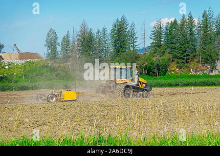 Ein Bauer sein Feld pflügen in Pitt Meadows, B.C., Kanada Stockfoto