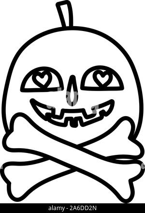 Happy Halloween Feier Kürbis mit Herzen Augen gekreuzten Knochen Vektor-illustration Linienstil Stock Vektor