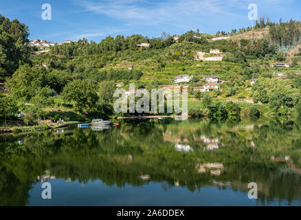 Porto, Portugal - 13 August 2019: Gruppe der angler angeln in den ruhigen Wassern am Ufer des Flusses Douro in Portugal Stockfoto