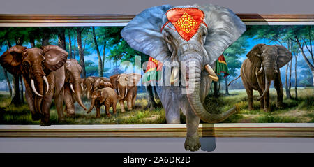 3D Art. Malerei und Trick Kunst einer Elefantenherde im Parody Art Museum Pattaya Thailand Südostasien. Panorama Stockfoto