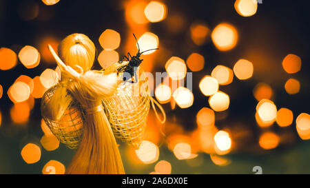Western Nadelbaum same Bug sitzt auf einem Strohhalm Weihnachten Engel auf einer unscharfen Hintergrund mit Weihnachtsbeleuchtung. Leptoglossus occidentalis. Stockfoto