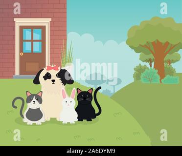 Süßer Hund Katzen Kaninchen Hinterhof Haus pet care Vector Illustration Stock Vektor