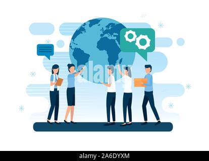 Teamwork Arbeiter mit dem Planeten Erde und Symbole Stock Vektor