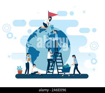 Teamwork Arbeiter mit dem Planeten Erde und Symbole Stock Vektor