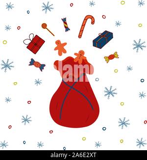 Santa Claus Sack mit Geschenken und Süßigkeiten. Ein Sack voller Geschenke. Bunte Abbildung auf einen weißen Hintergrund mit Schneeflocken Stock Vektor
