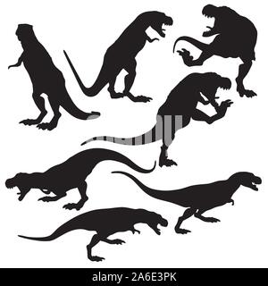 Prähistorische predator Tyrannosaurus rex Dinosaurier in unterschiedlichen Posen schwarze Silhouetten isoliert Abbildung. Stock Vektor