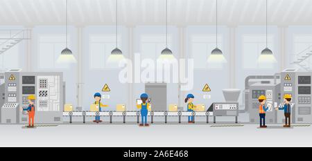 Werkseitige Fertigung mit Arbeiter arbeiten mit Maschinen- und Förderband flache Design Vector Illustration Stock Vektor