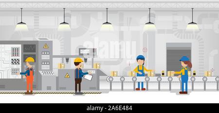 Werkseitige Fertigung mit Arbeiter arbeiten mit Maschinen- und Förderband flache Design Vector Illustration Stock Vektor