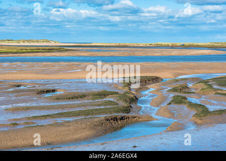 Blick auf die Schlamm bei Ebbe vom Norfolk Coast Path National Trail in der Nähe von Burnham Overy Staithe, Scolt Head Island nach hinten, East Anglia, England, Großbritannien. Stockfoto