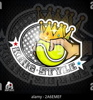 Hand halten Tennisball mit Krone und Schläger in der Mitte. Vector sport Logo für jedes Team Stock Vektor
