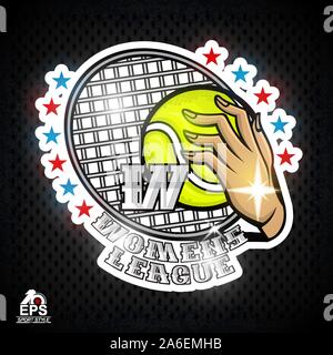 Hand halten Tennis Ball und Schläger in der Mitte. Vector sport Logo für jede Frau Team Stock Vektor