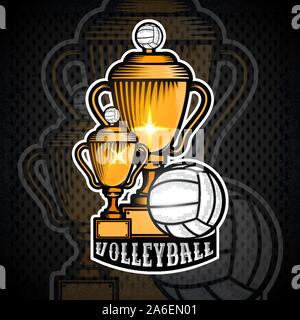 Zwei goldene volleyball Cups mit Ball. Vector sport Banner oder Emblem im Comic-Stil Stock Vektor