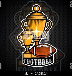 Zwei goldene American football Cups mit Ball. Vector sport Banner oder Emblem im Comic-Stil Stock Vektor